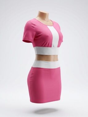 Pink Two-Piece Crop Top & Skirt Set - White Contrast Panel